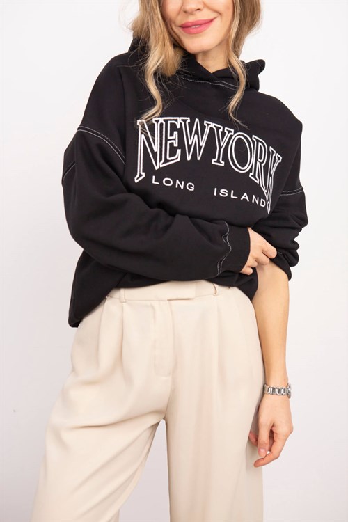Siyah Dikişli Kapüşonlu New York Sweatshirt