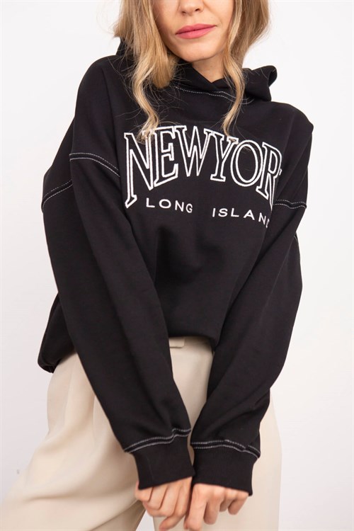 Siyah Dikişli Kapüşonlu New York Sweatshirt